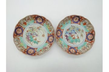 江戸期　太明成化年製　古伊万里　色絵　染付　竹林賢人図　7寸皿　約21　鮮やかな色彩が目を惹く皿2枚セット(七寸、葵口、輪花型、稜花型、唐子図、和食器、和皿)(R-061885)