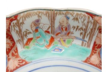 江戸期　太明成化年製　古伊万里　色絵　染付　竹林賢人図　7寸皿　約21　鮮やかな色彩が目を惹く皿2枚セット(七寸、葵口、輪花型、稜花型、唐子図、和食器、和皿)(R-061885)
