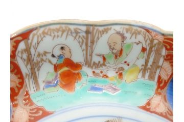 江戸期　太明成化年製　古伊万里　色絵　染付　竹林賢人図　7寸皿　約21　鮮やかな色彩が目を惹く皿2枚セット(七寸、葵口、輪花型、稜花型、唐子図、和食器、和皿)(R-061885)