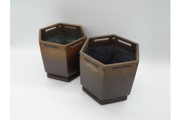 明治〜大正　六角　使い込むほどに味の出る古銅火鉢1対(手あぶり、鉢カバー、茶道具)(R-061898)