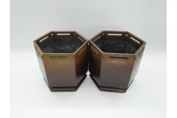 明治〜大正　六角　使い込むほどに味の出る古銅火鉢1対(手あぶり、鉢カバー、茶道具)(R-061898)