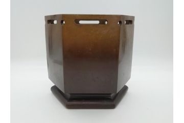 明治〜大正　六角　使い込むほどに味の出る古銅火鉢1対(手あぶり、鉢カバー、茶道具)(R-061898)