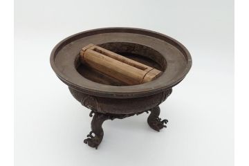 希少　江戸〜明治　金工師　松逢斎鋳　古銅　鳳凰　三足　使い込むほどに深みが増す水盤(花器、薄端)(R-061900)