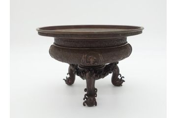 希少　江戸〜明治　金工師　松逢斎鋳　古銅　鳳凰　三足　使い込むほどに深みが増す水盤(花器、薄端)(R-061900)