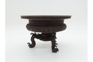希少　江戸〜明治　金工師　松逢斎鋳　古銅　鳳凰　三足　使い込むほどに深みが増す水盤(花器、薄端)(R-061900)