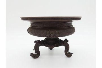 希少　江戸〜明治　金工師　松逢斎鋳　古銅　鳳凰　三足　使い込むほどに深みが増す水盤(花器、薄端)(R-061900)
