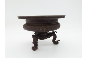 希少　江戸〜明治　金工師　松逢斎鋳　古銅　鳳凰　三足　使い込むほどに深みが増す水盤(花器、薄端)(R-061900)
