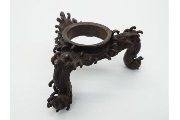 希少　江戸〜明治　金工師　松逢斎鋳　古銅　鳳凰　三足　使い込むほどに深みが増す水盤(花器、薄端)(R-061900)