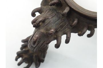 希少　江戸〜明治　金工師　松逢斎鋳　古銅　鳳凰　三足　使い込むほどに深みが増す水盤(花器、薄端)(R-061900)