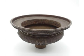 希少　江戸〜明治　金工師　松逢斎鋳　古銅　鳳凰　三足　使い込むほどに深みが増す水盤(花器、薄端)(R-061900)