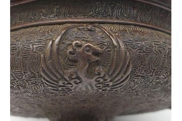 希少　江戸〜明治　金工師　松逢斎鋳　古銅　鳳凰　三足　使い込むほどに深みが増す水盤(花器、薄端)(R-061900)