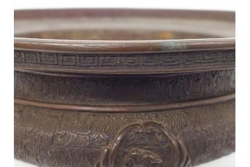 希少　江戸〜明治　金工師　松逢斎鋳　古銅　鳳凰　三足　使い込むほどに深みが増す水盤(花器、薄端)(R-061900)