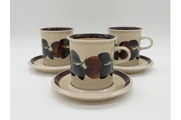 ARABIA FINLAND　Ruija(ルイージャ)　Ulla Procope(ウラ・プロコッペ)　優しさと温かみある絵付けが印象的なカップ&ソーサー3客セット(アラビア、フィンランド、Sモデル、北欧食器、C&S)(R-061948)