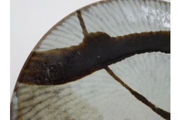 人間国宝　島岡達三　益子焼　1尺皿　約30　掛合釉縄文象嵌流文皿(一尺、共箱付き、大皿、民芸陶器、和皿)(R-061950)