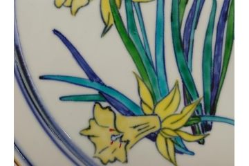 京都府無形文化財　竹中浩　色絵水仙文　温かみのある絵付けが魅力の皿(共箱付き、大皿、プレート、作家物、和食器)(R-061952)