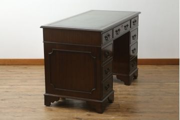 イギリスビンテージ　ロスジョン(ROSJOHN)　脚部まで凝ったデザインが高級感を醸し出すデスク(在宅用、ワークデスク、在宅ワーク用、両袖机、オフィスデスク、ヴィンテージ)(R-061957)