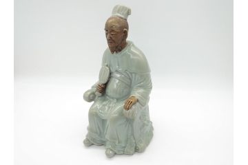 希少　中国?　古玩　青磁　唐人　人物像(人形、置物、唐物?、芭蕉扇?)(R-061967)
