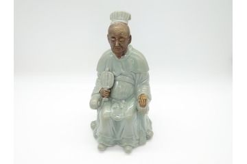 希少　中国?　古玩　青磁　唐人　人物像(人形、置物、唐物?、芭蕉扇?)(R-061967)