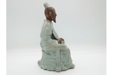 希少　中国?　古玩　青磁　唐人　人物像(人形、置物、唐物?、芭蕉扇?)(R-061967)