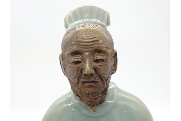 希少　中国?　古玩　青磁　唐人　人物像(人形、置物、唐物?、芭蕉扇?)(R-061967)