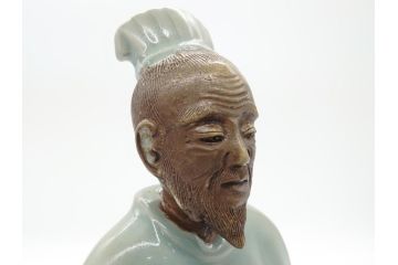 希少　中国?　古玩　青磁　唐人　人物像(人形、置物、唐物?、芭蕉扇?)(R-061967)