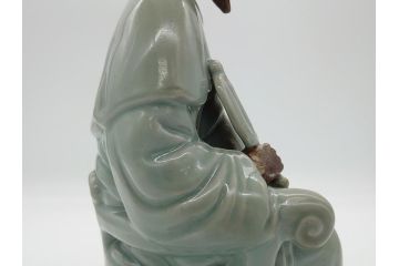 希少　中国?　古玩　青磁　唐人　人物像(人形、置物、唐物?、芭蕉扇?)(R-061967)