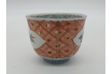 幕末〜明治　伊万里　色絵　染付　角富　牡丹文　食卓に華やかな彩りをもたらす猪口7客セット(和食器、雷紋、角冨)(R-061969)