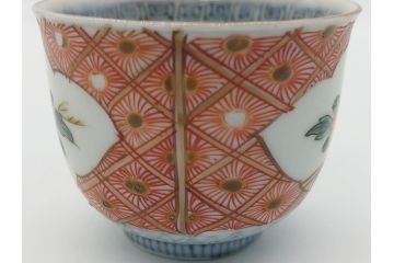 幕末〜明治　伊万里　色絵　染付　角富　牡丹文　食卓に華やかな彩りをもたらす猪口7客セット(和食器、雷紋、角冨)(R-061969)