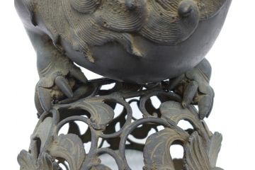 古銅　玉獅子　香炉　勇ましく異彩を放つ表情に惹きつけられる獅子の置物(中国?、仏具、インテリア、ディスプレイ)(R-061977)
