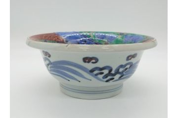 江戸期　古伊万里　色絵　染付　花蝶図　7.3寸皿　約22cm　優雅に舞う藍色の蝶が上品かつ涼し気な深鉢(七寸三分、深皿、和食器、和皿)(R-061978)