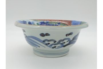 江戸期　古伊万里　色絵　染付　花蝶図　7.3寸皿　約22cm　優雅に舞う藍色の蝶が上品かつ涼し気な深鉢(七寸三分、深皿、和食器、和皿)(R-061978)
