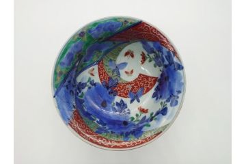 江戸期　古伊万里　色絵　染付　花蝶図　7.3寸皿　約22cm　優雅に舞う藍色の蝶が上品かつ涼し気な深鉢(七寸三分、深皿、和食器、和皿)(R-061978)