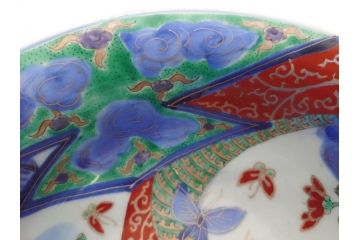 江戸期　古伊万里　色絵　染付　花蝶図　7.3寸皿　約22cm　優雅に舞う藍色の蝶が上品かつ涼し気な深鉢(七寸三分、深皿、和食器、和皿)(R-061978)