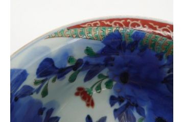 江戸期　古伊万里　色絵　染付　花蝶図　7.3寸皿　約22cm　優雅に舞う藍色の蝶が上品かつ涼し気な深鉢(七寸三分、深皿、和食器、和皿)(R-061978)