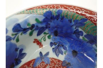 江戸期　古伊万里　色絵　染付　花蝶図　7.3寸皿　約22cm　優雅に舞う藍色の蝶が上品かつ涼し気な深鉢(七寸三分、深皿、和食器、和皿)(R-061978)