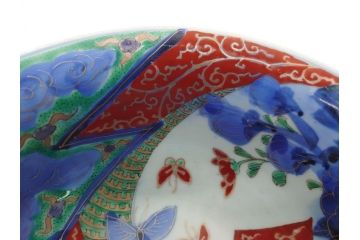 江戸期　古伊万里　色絵　染付　花蝶図　7.3寸皿　約22cm　優雅に舞う藍色の蝶が上品かつ涼し気な深鉢(七寸三分、深皿、和食器、和皿)(R-061978)