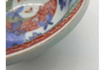 江戸期　古伊万里　色絵　染付　花蝶図　7.3寸皿　約22cm　優雅に舞う藍色の蝶が上品かつ涼し気な深鉢(七寸三分、深皿、和食器、和皿)(R-061978)