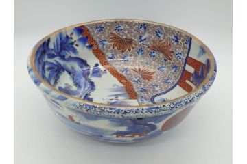 江戸期　古伊万里　色絵　染付　山水文　1尺皿　約31.5cm　藍色の濃淡で表現された図が魅力的な深鉢(一尺、深皿、和食器、和皿)(R-061979)