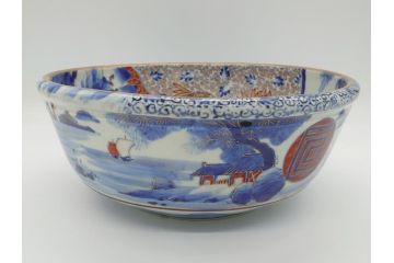 江戸期　古伊万里　色絵　染付　山水文　1尺皿　約31.5cm　藍色の濃淡で表現された図が魅力的な深鉢(一尺、深皿、和食器、和皿)(R-061979)