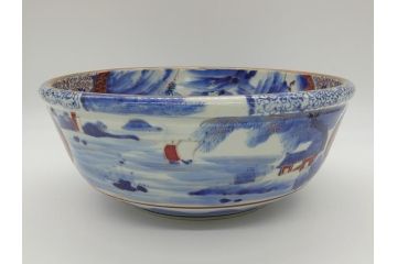江戸期　古伊万里　色絵　染付　山水文　1尺皿　約31.5cm　藍色の濃淡で表現された図が魅力的な深鉢(一尺、深皿、和食器、和皿)(R-061979)
