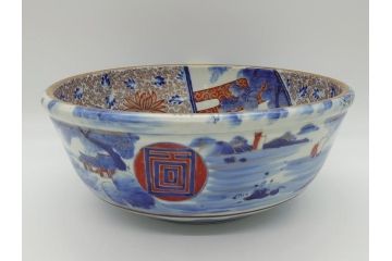 江戸期　古伊万里　色絵　染付　山水文　1尺皿　約31.5cm　藍色の濃淡で表現された図が魅力的な深鉢(一尺、深皿、和食器、和皿)(R-061979)