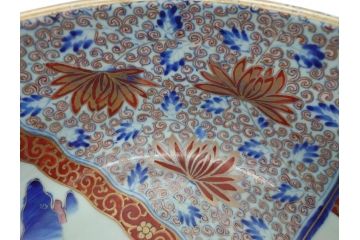 江戸期　古伊万里　色絵　染付　山水文　1尺皿　約31.5cm　藍色の濃淡で表現された図が魅力的な深鉢(一尺、深皿、和食器、和皿)(R-061979)