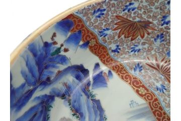 江戸期　古伊万里　色絵　染付　山水文　1尺皿　約31.5cm　藍色の濃淡で表現された図が魅力的な深鉢(一尺、深皿、和食器、和皿)(R-061979)