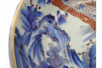 江戸期　古伊万里　色絵　染付　山水文　1尺皿　約31.5cm　藍色の濃淡で表現された図が魅力的な深鉢(一尺、深皿、和食器、和皿)(R-061979)