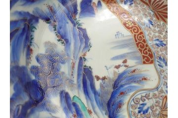 江戸期　古伊万里　色絵　染付　山水文　1尺皿　約31.5cm　藍色の濃淡で表現された図が魅力的な深鉢(一尺、深皿、和食器、和皿)(R-061979)