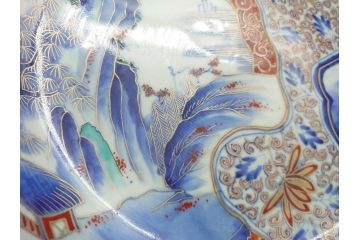 江戸期　古伊万里　色絵　染付　山水文　1尺皿　約31.5cm　藍色の濃淡で表現された図が魅力的な深鉢(一尺、深皿、和食器、和皿)(R-061979)