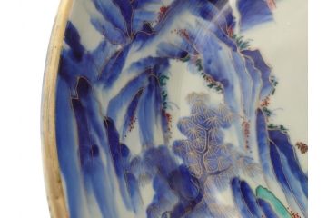 江戸期　古伊万里　色絵　染付　山水文　1尺皿　約31.5cm　藍色の濃淡で表現された図が魅力的な深鉢(一尺、深皿、和食器、和皿)(R-061979)