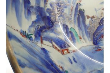 江戸期　古伊万里　色絵　染付　山水文　1尺皿　約31.5cm　藍色の濃淡で表現された図が魅力的な深鉢(一尺、深皿、和食器、和皿)(R-061979)