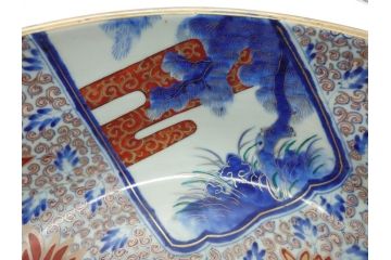 江戸期　古伊万里　色絵　染付　山水文　1尺皿　約31.5cm　藍色の濃淡で表現された図が魅力的な深鉢(一尺、深皿、和食器、和皿)(R-061979)