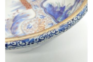 江戸期　古伊万里　色絵　染付　山水文　1尺皿　約31.5cm　藍色の濃淡で表現された図が魅力的な深鉢(一尺、深皿、和食器、和皿)(R-061979)
